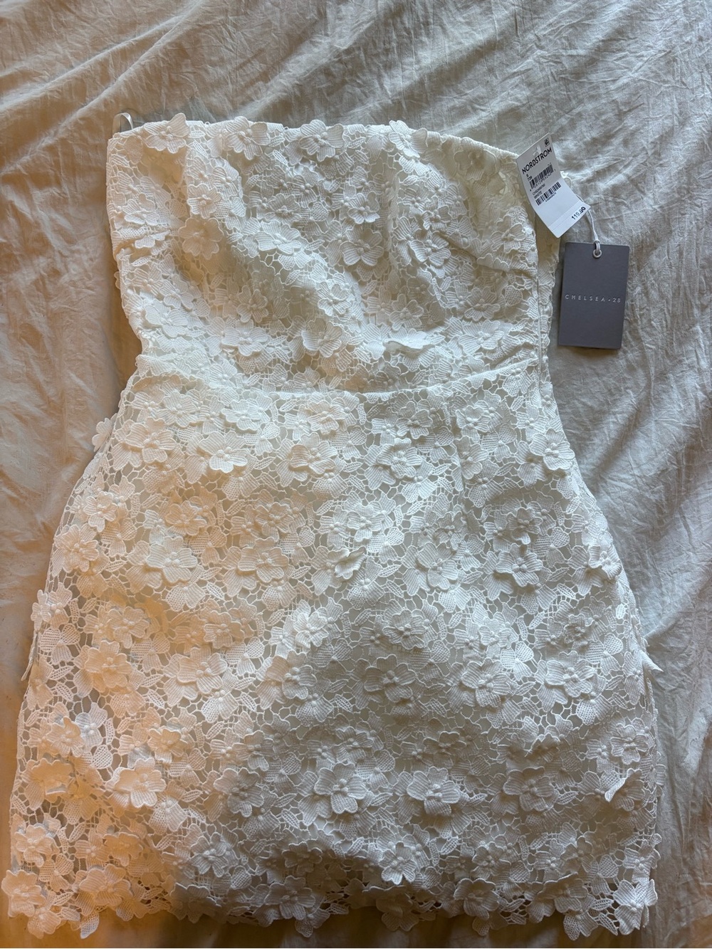 Chelsea28 White Strapless Floral Lace Mini Dress